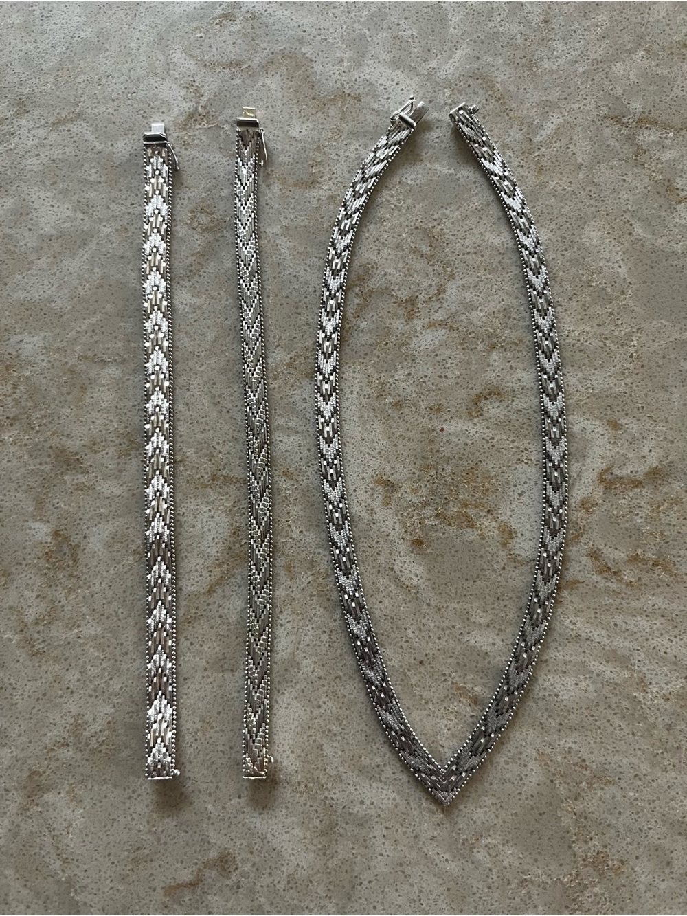 Chevron pattern solid sterling silver necklace and bracelet set